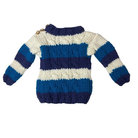 Handmade By Van Striped Knit Baby Sweater Wooden Buttons Blue White 3-6 Months - Picture 1 of 4